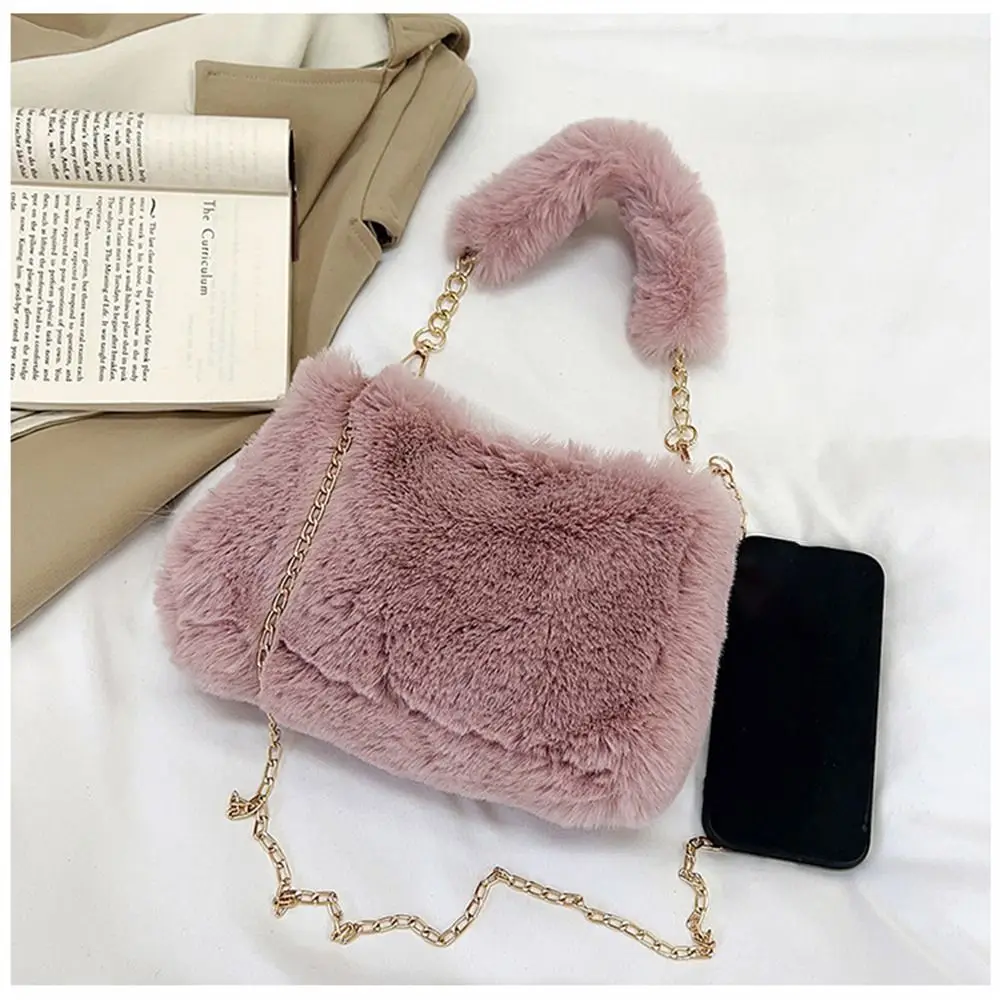Fashion Women Fluffy Shoulder Bags Female Winter Chain Underarm Bag Solid Color Handbag Soft Plush Handle Bag