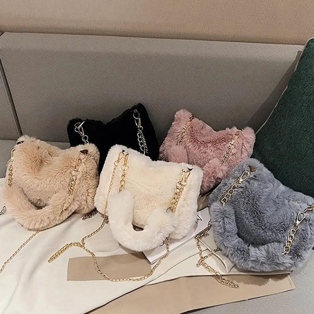 Fashion Women Fluffy Shoulder Bags Female Winter Chain Underarm Bag Solid Color Handbag Soft Plush Handle Bag