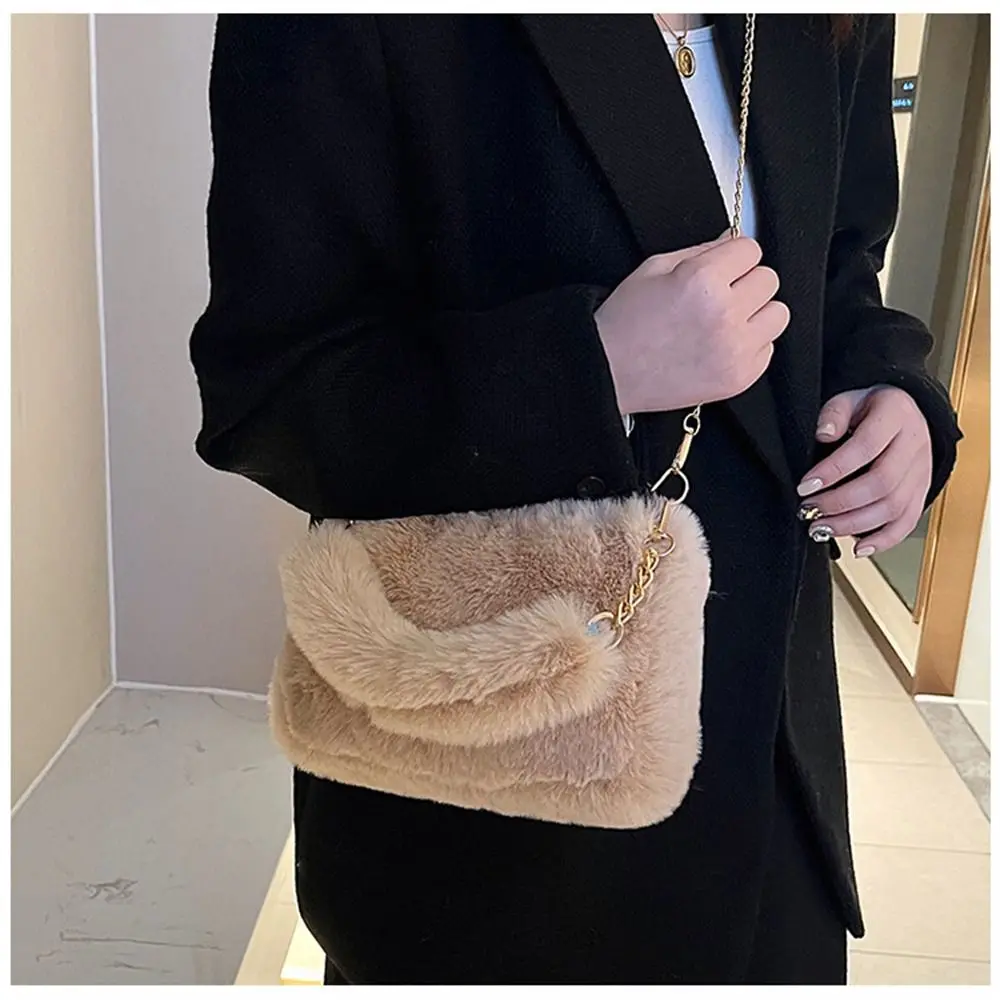 Fashion Women Fluffy Shoulder Bags Female Winter Chain Underarm Bag Solid Color Handbag Soft Plush Handle Bag