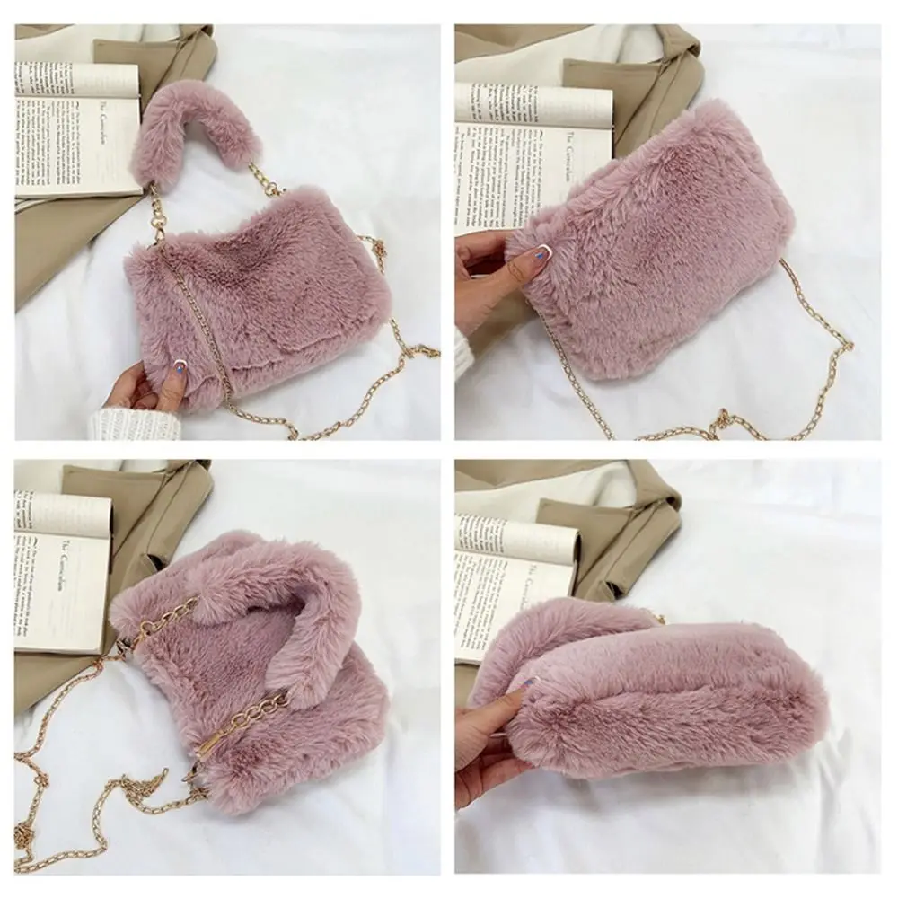 Fashion Women Fluffy Shoulder Bags Female Winter Chain Underarm Bag Solid Color Handbag Soft Plush Handle Bag