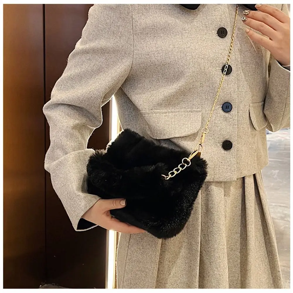 Fashion Women Fluffy Shoulder Bags Female Winter Chain Underarm Bag Solid Color Handbag Soft Plush Handle Bag