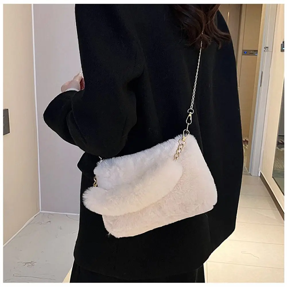 Fashion Women Fluffy Shoulder Bags Female Winter Chain Underarm Bag Solid Color Handbag Soft Plush Handle Bag