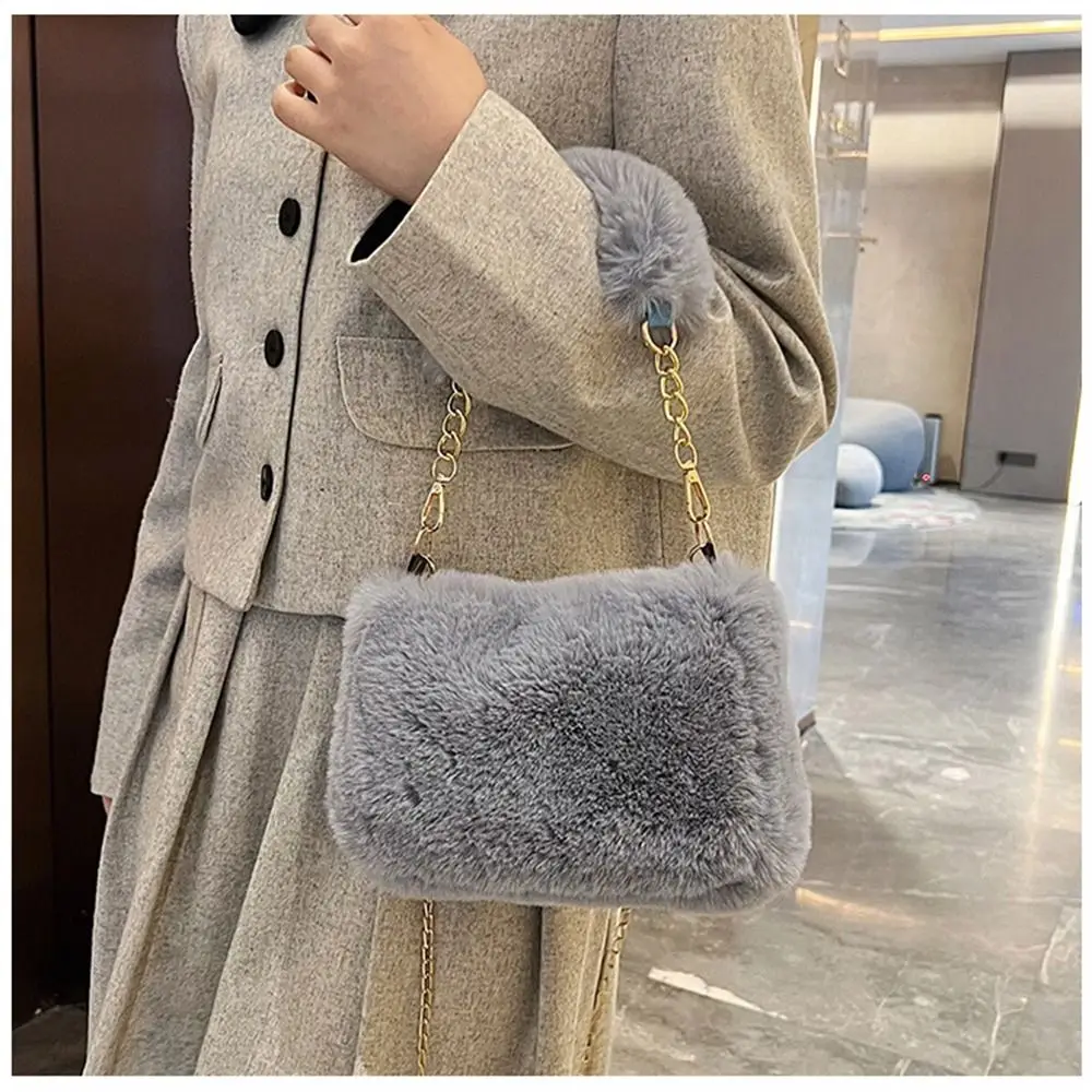 Fashion Women Fluffy Shoulder Bags Female Winter Chain Underarm Bag Solid Color Handbag Soft Plush Handle Bag